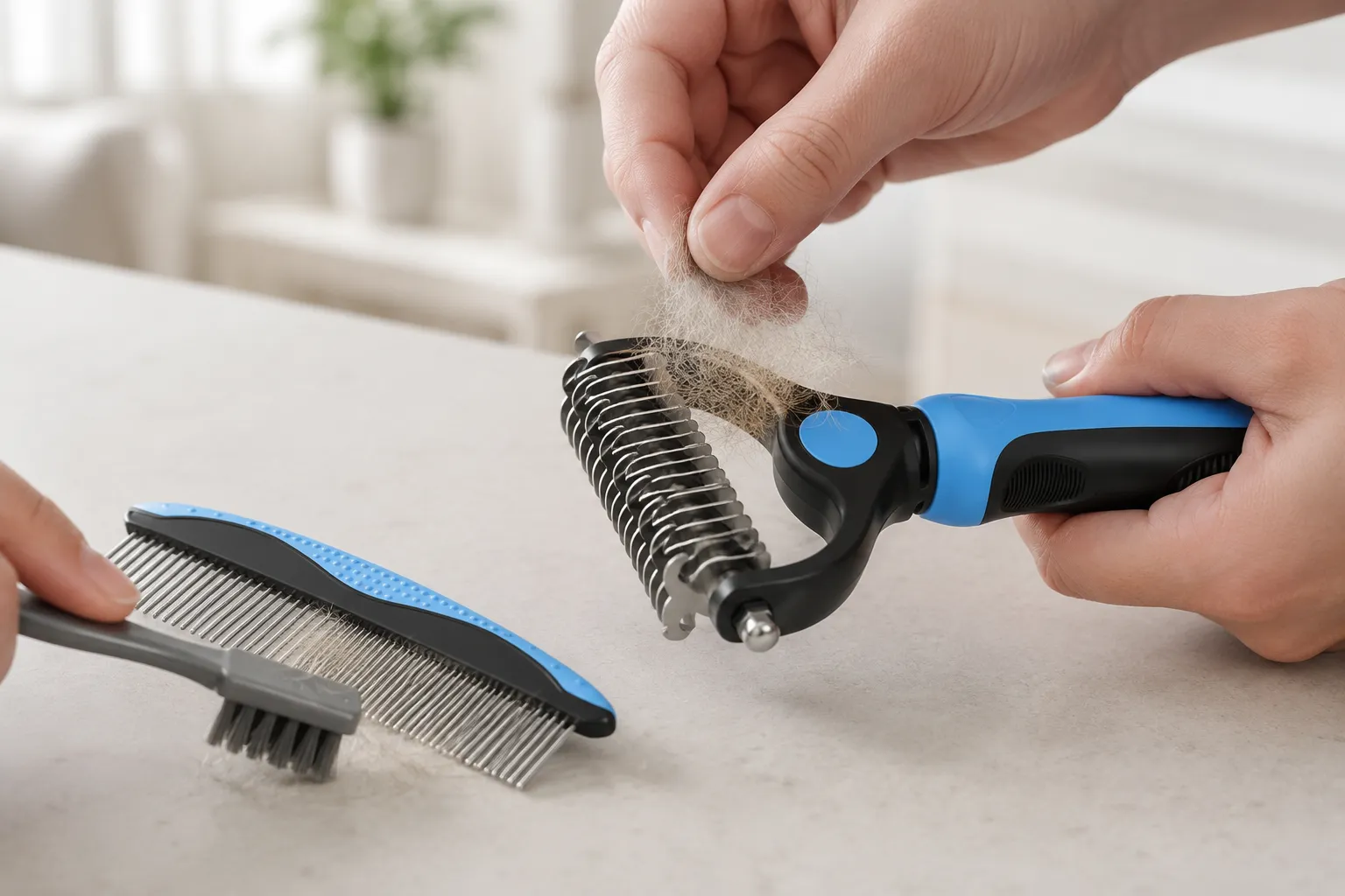 Removing trapped pet hair from the Docrok rake and metal comb