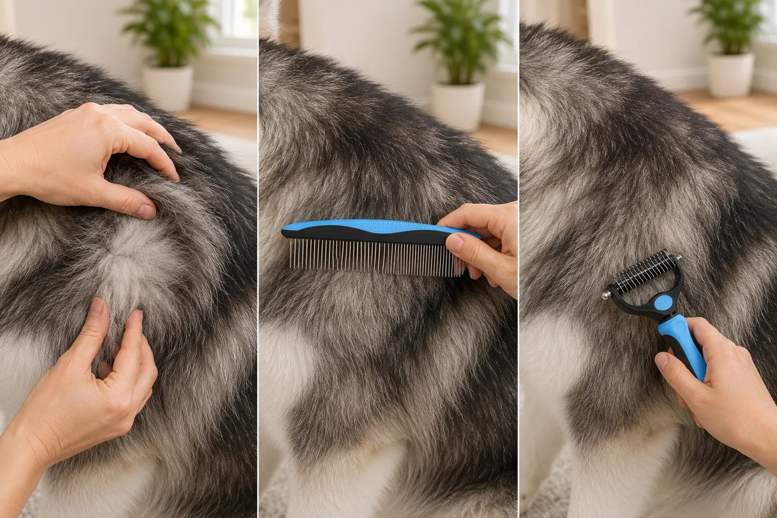 Checking fully dry fur with the Docrok metal comb before using the rake