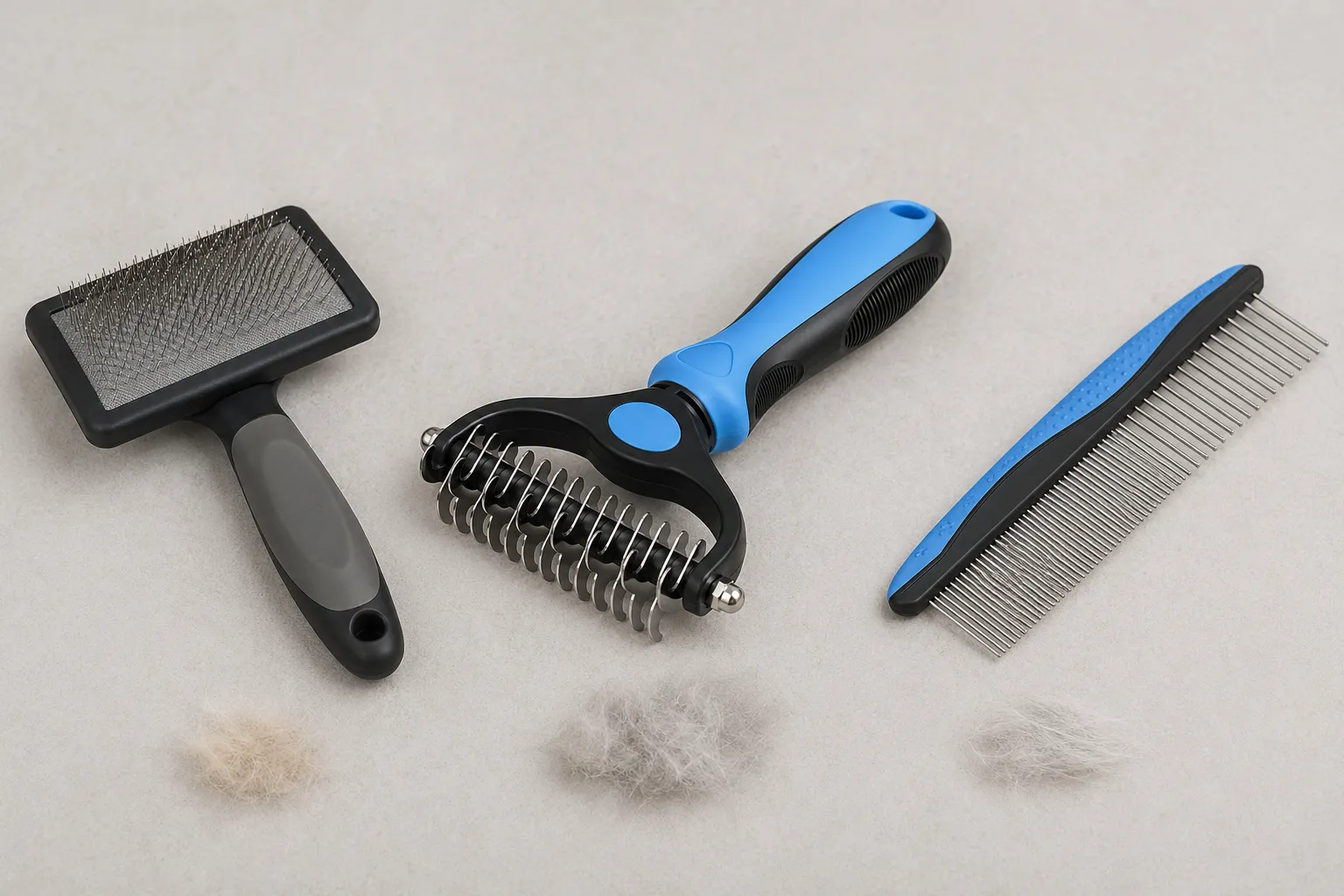 Undercoat rake, slicker brush, and metal grooming comb compared