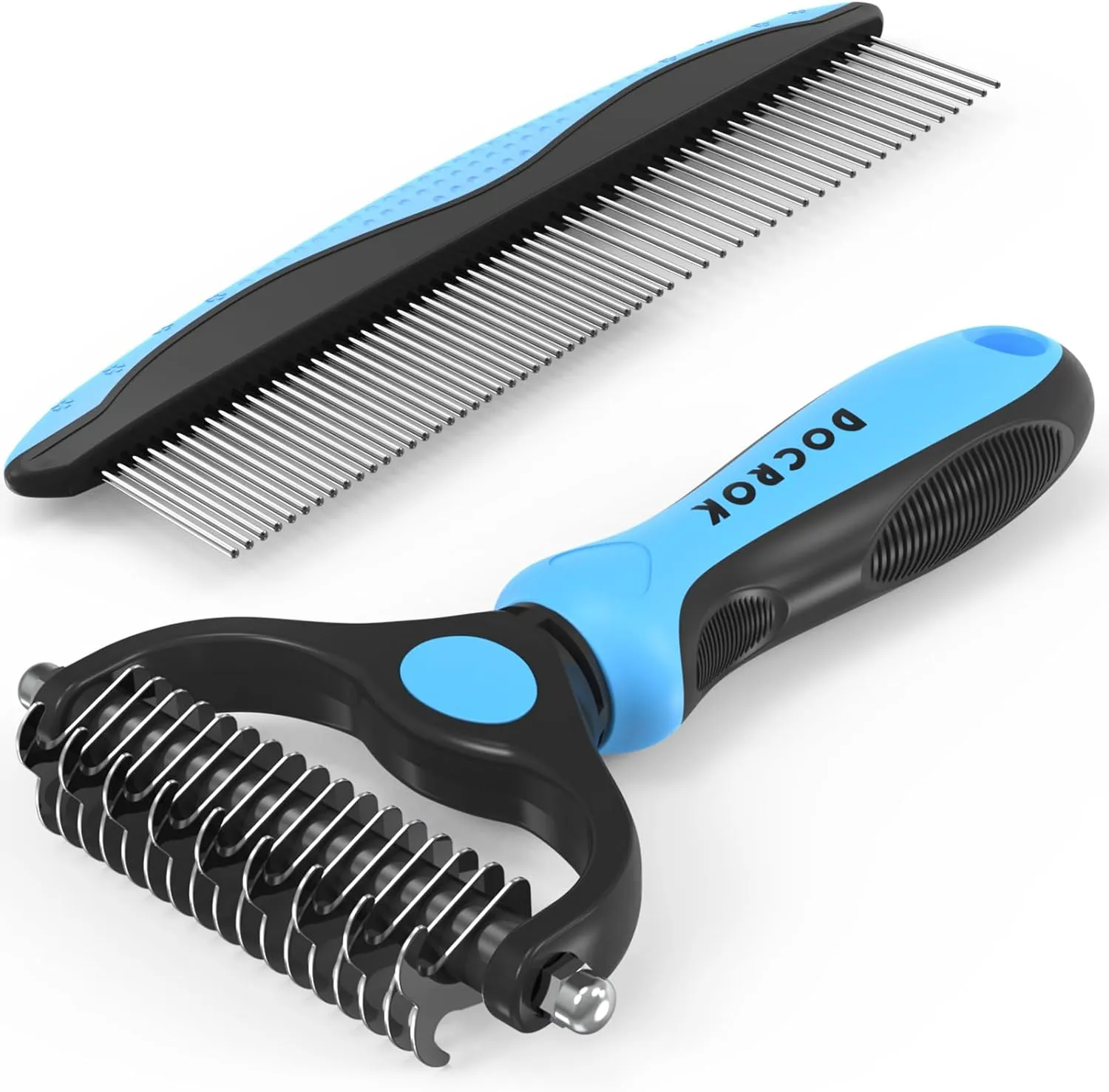 Blue-and-black Docrok dual-sided undercoat rake and two-sided metal grooming comb